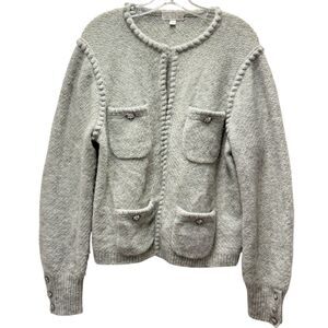 J. CREW Odette Preppy Wool Alpaca Blend Gray Pockets Front Cardigan Sweater L